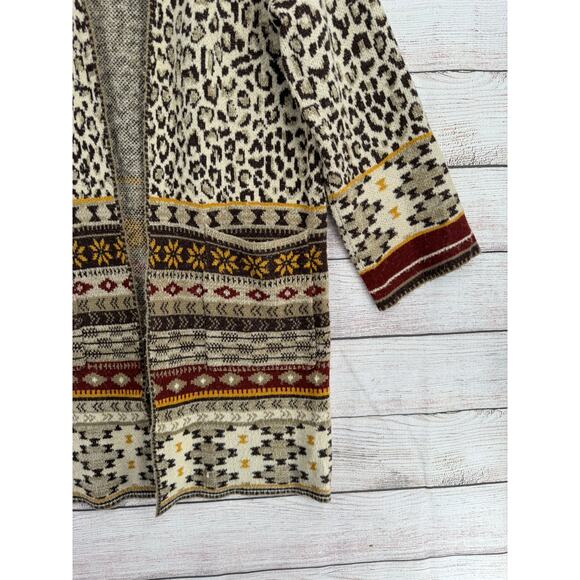 Vertigo Animal Print Open Front Cardigan Sweater Womens Medium Brown Beige - Picture 6 of 13